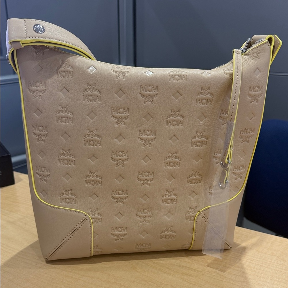 MCM Beige Leather Shoulder Bag with Yellow Piping